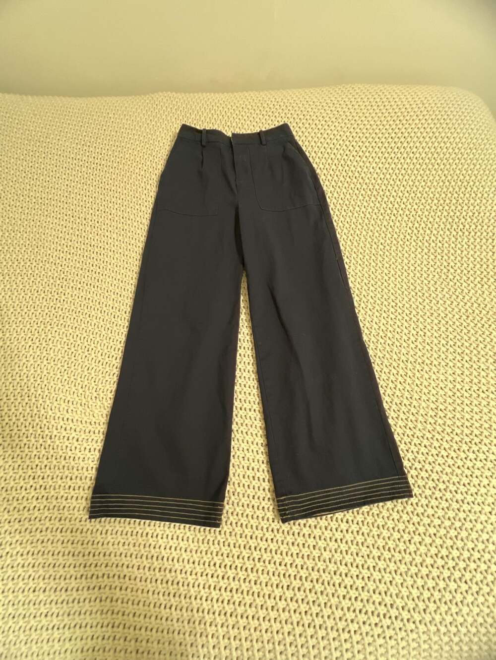 Zara Basic Z1975 Navy Wide Leg Cropped Pants with Contrast Topstitched Hem